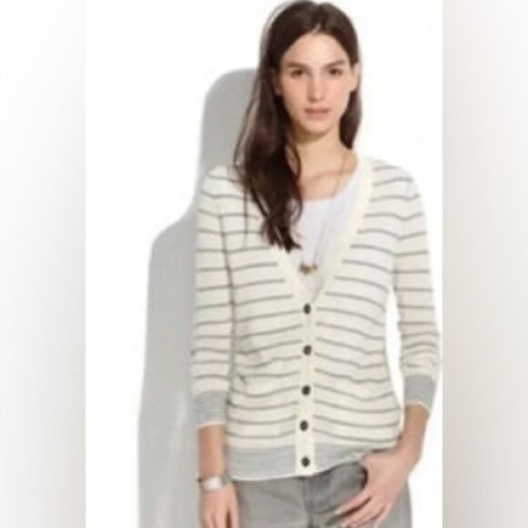 Madewell Cardigan White Gray Stripes Sz Large Pockets - Picture 1 of 7